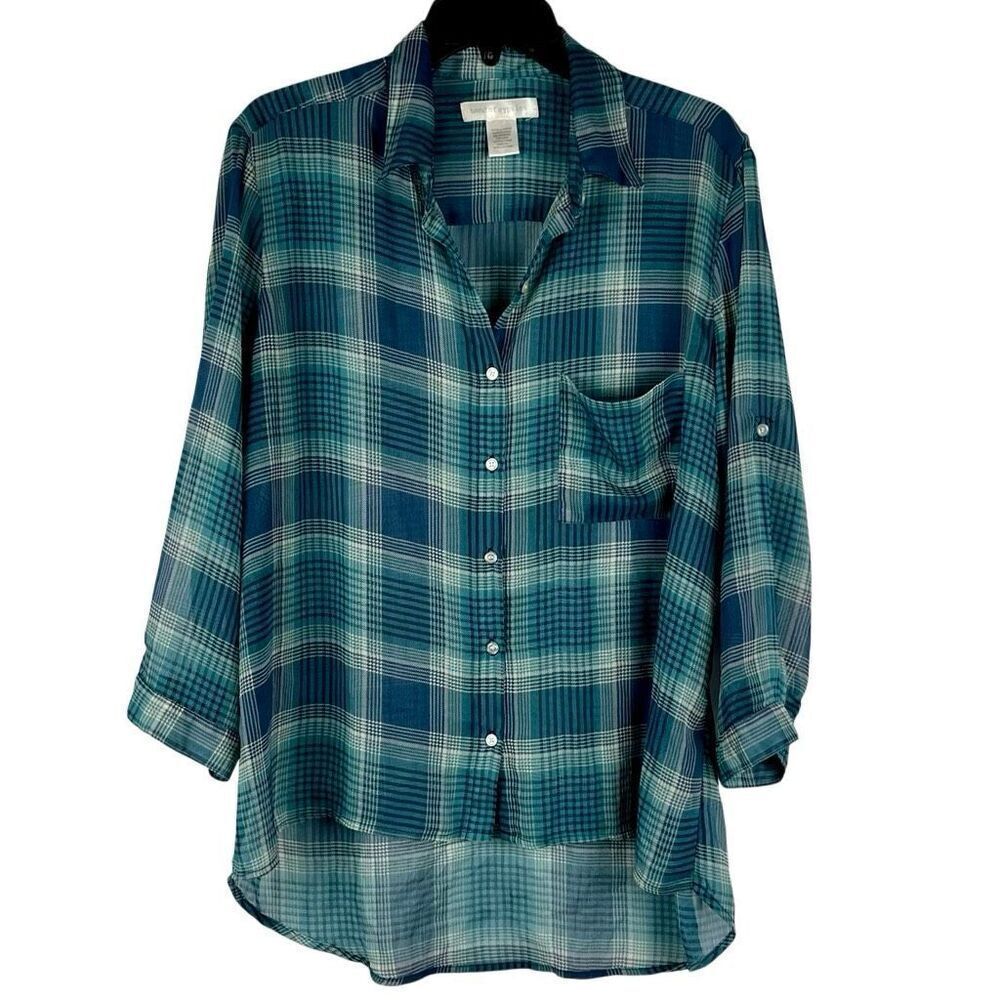 BAND OF GYPSIES Sheer Plaid Blouse Blue Green Button Up Top Large